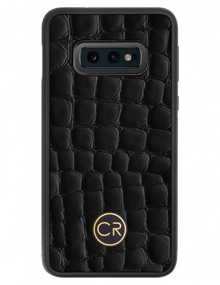 Etui premium skórzane, case na smartfon SAMSUNG GALAXY S10E. Skóra krokodyl czarna ze złotą blaszką.