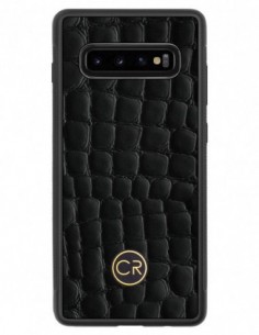 Etui premium skórzane, case na smartfon SAMSUNG GALAXY S10 PLUS. Skóra krokodyl czarna ze złotą blaszką.