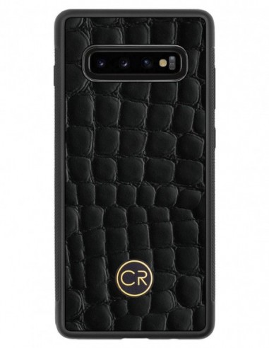 Etui premium skórzane, case na smartfon SAMSUNG GALAXY S10 PLUS. Skóra krokodyl czarna ze złotą blaszką.