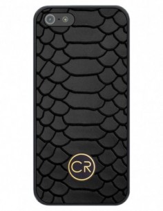 Etui premium skórzane, case na smartfon APPLE iPhone SE (2016). Skóra pyton czarna ze złotą blaszką.