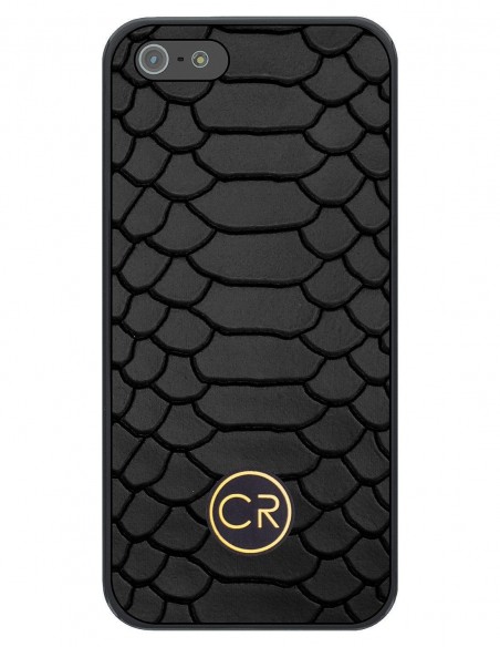 Etui premium skórzane, case na smartfon APPLE iPhone SE (2016). Skóra pyton czarna ze złotą blaszką.