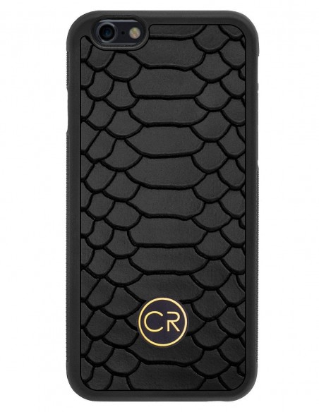 Etui premium skórzane, case na smartfon APPLE iPhone 6. Skóra pyton czarna ze złotą blaszką.