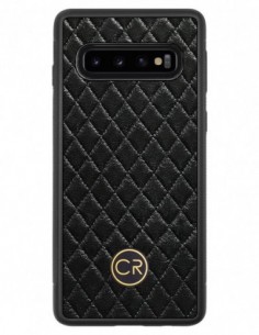 Etui premium skórzane, case na smartfon SAMSUNG GALAXY S10. Skóra pikowana czarna ze złotą blaszką.