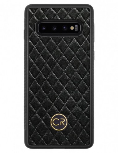 Etui premium skórzane, case na smartfon SAMSUNG GALAXY S10. Skóra pikowana czarna ze złotą blaszką.