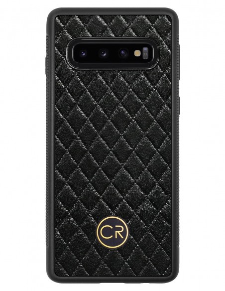 Etui premium skórzane, case na smartfon SAMSUNG GALAXY S10. Skóra pikowana czarna ze złotą blaszką.