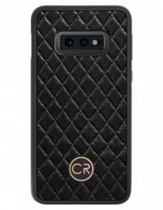Etui premium skórzane, case na smartfon SAMSUNG GALAXY S10E. Skóra pikowana czarna ze złotą blaszką.