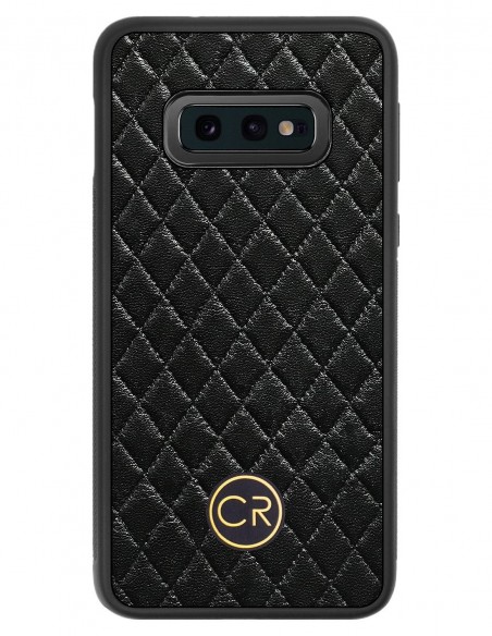 Etui premium skórzane, case na smartfon SAMSUNG GALAXY S10E. Skóra pikowana czarna ze złotą blaszką.