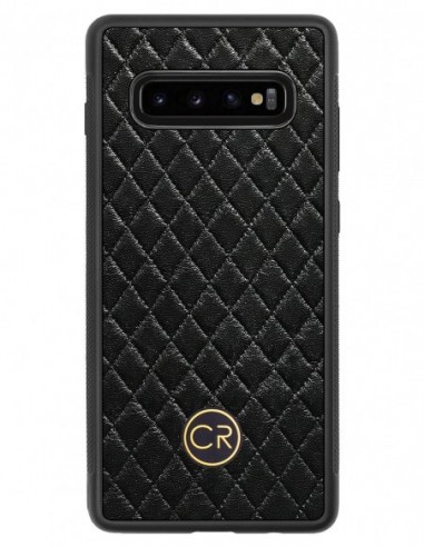 Etui premium skórzane, case na smartfon SAMSUNG GALAXY S10 PLUS. Skóra pikowana czarna ze złotą blaszką.