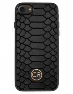 Etui premium skórzane, case na smartfon APPLE iPhone 7. Skóra pyton czarna ze złotą blaszką.