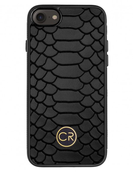 Etui premium skórzane, case na smartfon APPLE iPhone 8. Skóra pyton czarna ze złotą blaszką. Etui premium skórzane, case na smartfon APPLE iPhone 8. Skóra pyton czarna ze złotą blaszką.