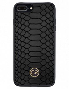 Etui premium skórzane, case na smartfon APPLE iPhone 8 PLUS. Skóra pyton czarna ze złotą blaszką.