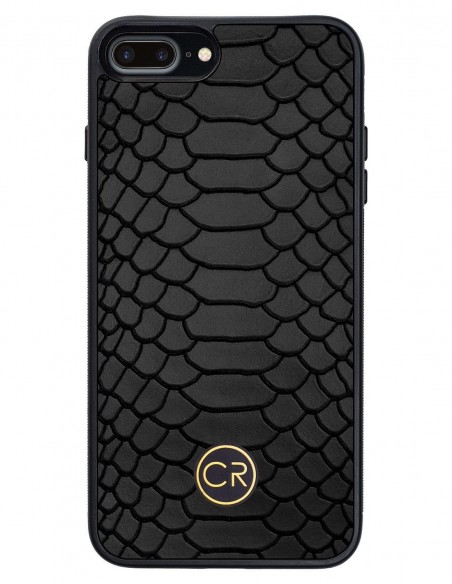 Etui premium skórzane, case na smartfon APPLE iPhone 8 PLUS. Skóra pyton czarna ze złotą blaszką.