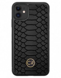Etui premium skórzane, case na smartfon APPLE iPhone 11. Skóra pyton czarna ze złotą blaszką.