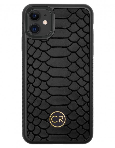 Etui premium skórzane, case na smartfon APPLE iPhone 11. Skóra pyton czarna ze złotą blaszką.
