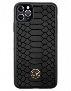 Etui premium skórzane, case na smartfon APPLE iPhone 11 PRO MAX. Skóra pyton czarna ze złotą blaszką.
