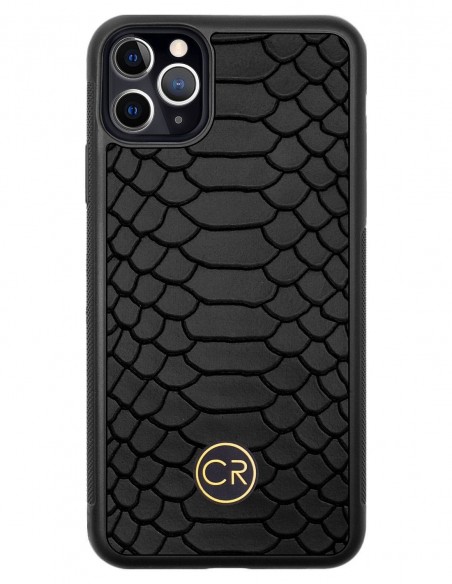 Etui premium skórzane, case na smartfon APPLE iPhone 11 PRO MAX. Skóra pyton czarna ze złotą blaszką.