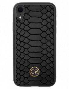 Etui premium skórzane, case na smartfon APPLE iPhone XR. Skóra pyton czarna ze złotą blaszką.