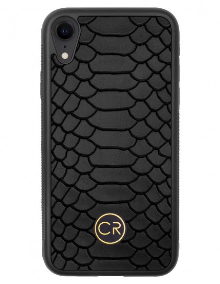Etui premium skórzane, case na smartfon APPLE iPhone XR. Skóra pyton czarna ze złotą blaszką. Etui premium skórzane, case na smartfon APPLE iPhone XR. Skóra pyton czarna ze złotą blaszką.