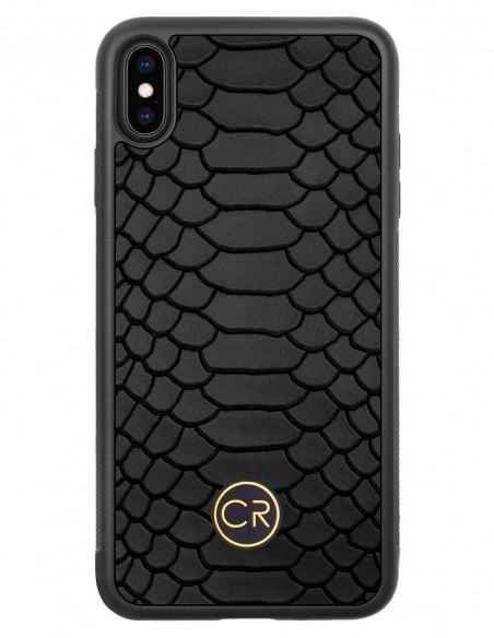 Etui premium skórzane, case na smartfon APPLE iPhone XS MAX. Skóra pyton czarna ze złotą blaszką.