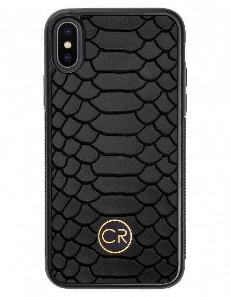 Etui premium skórzane, case na smartfon APPLE iPhone X. Skóra pyton czarna ze złotą blaszką.
