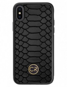 Etui premium skórzane, case na smartfon APPLE iPhone XS. Skóra pyton czarna ze złotą blaszką.