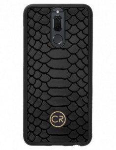 Etui premium skórzane, case na smartfon HUAWEI MATE 10 LITE. Skóra pyton czarna ze złotą blaszką.