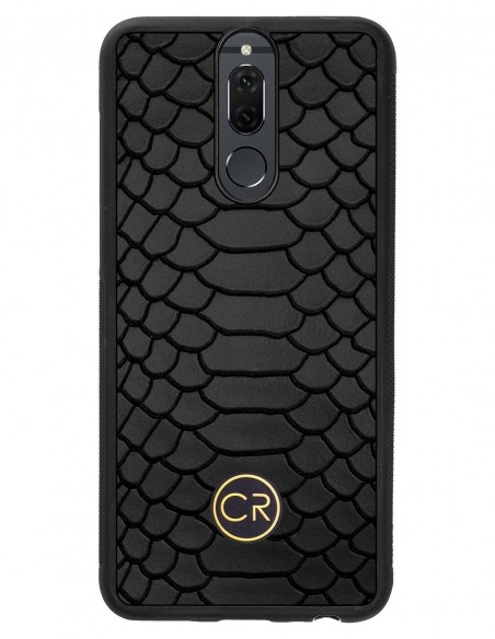 Etui premium skórzane, case na smartfon HUAWEI MATE 10 LITE. Skóra pyton czarna ze złotą blaszką.