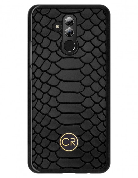 Etui premium skórzane, case na smartfon HUAWEI MATE 20 LITE. Skóra pyton czarna ze złotą blaszką.
