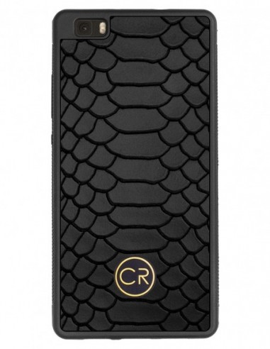 Etui premium skórzane, case na smartfon HUAWEI P8 LITE. Skóra pyton czarna ze złotą blaszką.