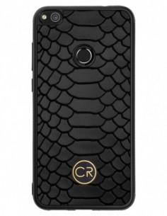 Etui premium skórzane, case na smartfon HUAWEI P9 LITE 2017. Skóra pyton czarna ze złotą blaszką.