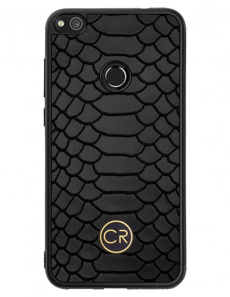 Etui premium skórzane, case na smartfon HUAWEI P9 LITE 2017. Skóra pyton czarna ze złotą blaszką.