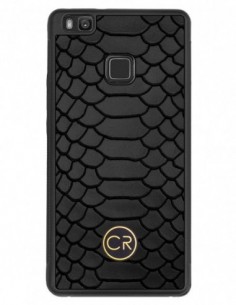 Etui premium skórzane, case na smartfon HUAWEI P9 LITE. Skóra pyton czarna ze złotą blaszką.