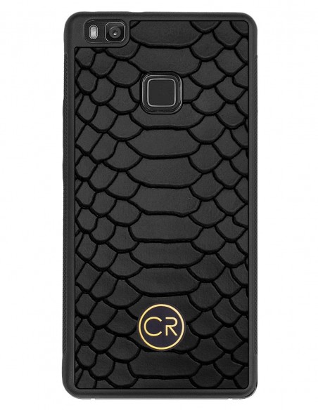Etui premium skórzane, case na smartfon HUAWEI P9 LITE. Skóra pyton czarna ze złotą blaszką.