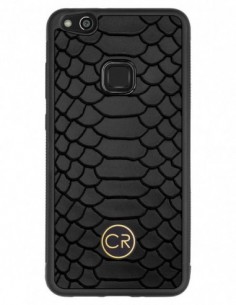 Etui premium skórzane, case na smartfon HUAWEI P10 LITE. Skóra pyton czarna ze złotą blaszką.