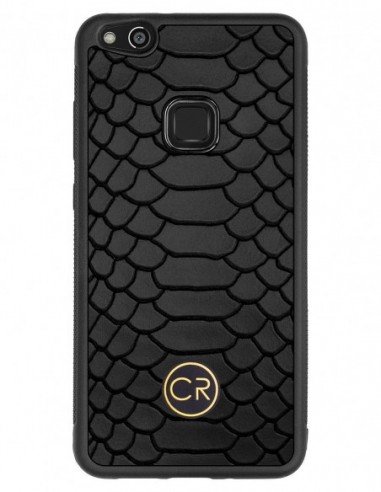 Etui premium skórzane, case na smartfon HUAWEI P10 LITE. Skóra pyton czarna ze złotą blaszką.