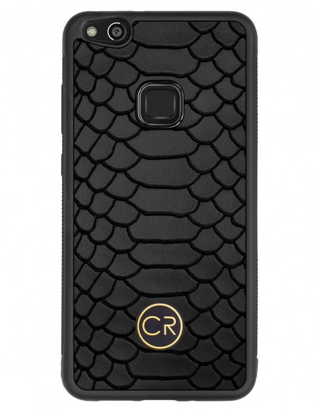 Etui premium skórzane, case na smartfon HUAWEI P10 LITE. Skóra pyton czarna ze złotą blaszką.
