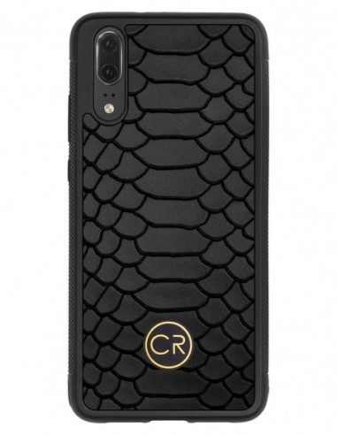 Etui premium skórzane, case na smartfon HUAWEI P20. Skóra pyton czarna ze złotą blaszką.