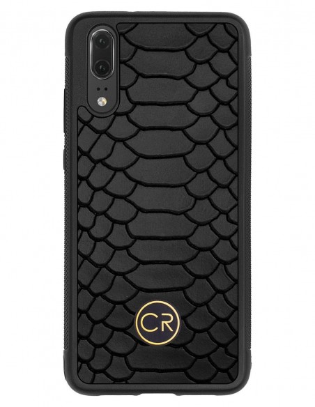 Etui premium skórzane, case na smartfon HUAWEI P20. Skóra pyton czarna ze złotą blaszką.