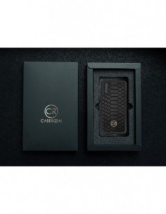 Etui premium skórzane, case na smartfon HUAWEI P20. Skóra pyton czarna ze złotą blaszką. 2