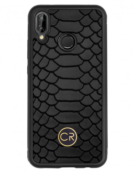 Etui premium skórzane, case na smartfon HUAWEI P20 LITE. Skóra pyton czarna ze złotą blaszką. Etui premium skórzane, case na smartfon HUAWEI P20 LITE. Skóra pyton czarna ze złotą blaszką.