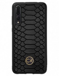 Etui premium skórzane, case na smartfon HUAWEI P20 PRO. Skóra pyton czarna ze złotą blaszką.
