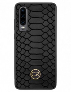 Etui premium skórzane, case na smartfon HUAWEI P30. Skóra pyton czarna ze złotą blaszką.