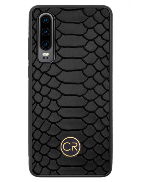 Etui premium skórzane, case na smartfon HUAWEI P30. Skóra pyton czarna ze złotą blaszką.