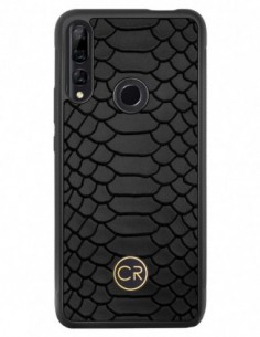 Etui premium skórzane, case na smartfon HUAWEI Y9 PRIME 2019. Skóra pyton czarna ze złotą blaszką.