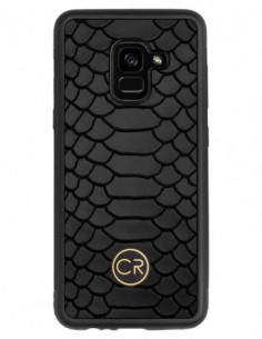 Etui premium skórzane, case na smartfon SAMSUNG GALAXY A5 2018. Skóra pyton czarna ze złotą blaszką.