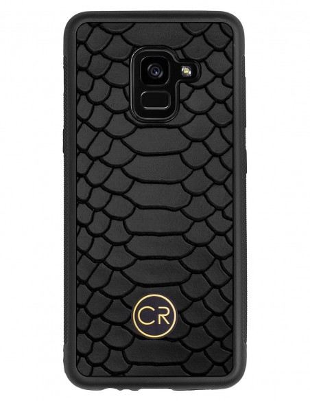 Etui premium skórzane, case na smartfon SAMSUNG GALAXY A5 2018. Skóra pyton czarna ze złotą blaszką.