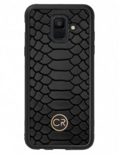 Etui premium skórzane, case na smartfon SAMSUNG GALAXY A6. Skóra pyton czarna ze złotą blaszką.