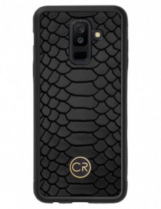 Etui premium skórzane, case na smartfon SAMSUNG GALAXY A6 PLUS. Skóra pyton czarna ze złotą blaszką.