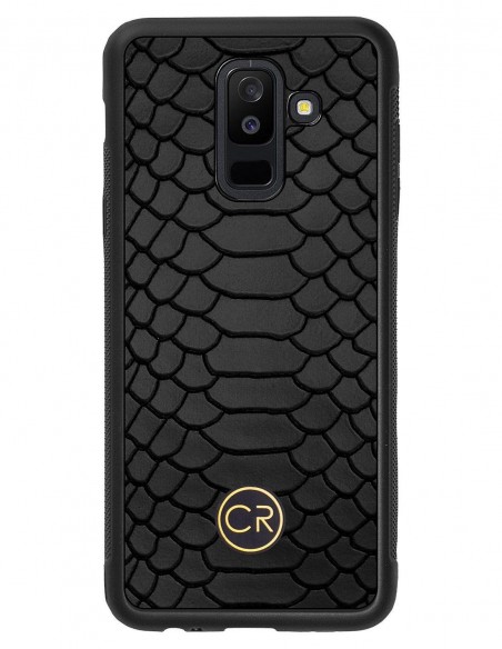 Etui premium skórzane, case na smartfon SAMSUNG GALAXY A6 PLUS. Skóra pyton czarna ze złotą blaszką.