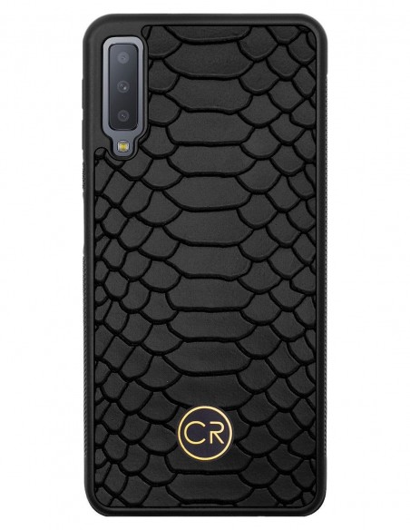 Etui premium skórzane, case na smartfon SAMSUNG GALAXY A7 2018. Skóra pyton czarna ze złotą blaszką.